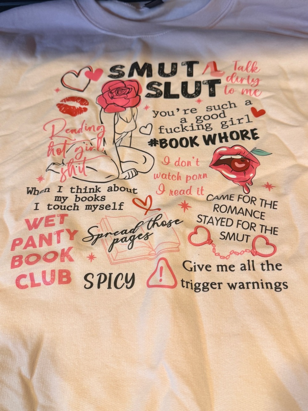 Gildan White Graphic Sleep Tee with Pink & Black Bookish Print